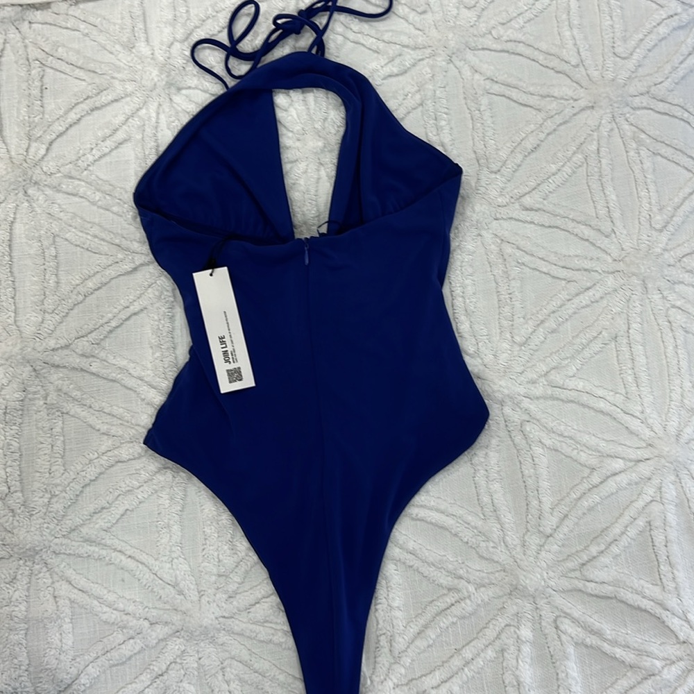 Zara bodysuit top blue halter floral detail back zipper size medium - Picture 2 of 5